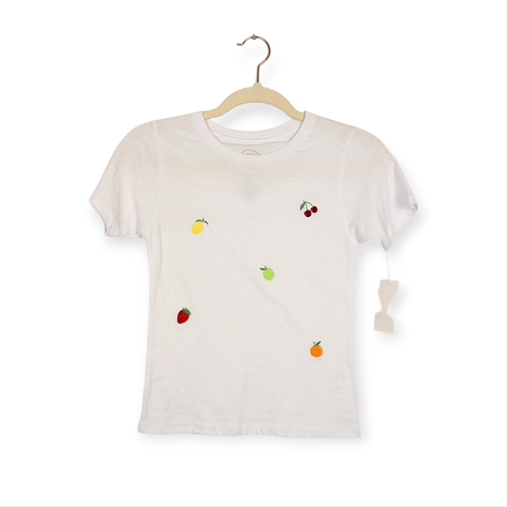 NWT Hi Res White Fruit Embroidered Short Sleeve Cotton Tee Size XS